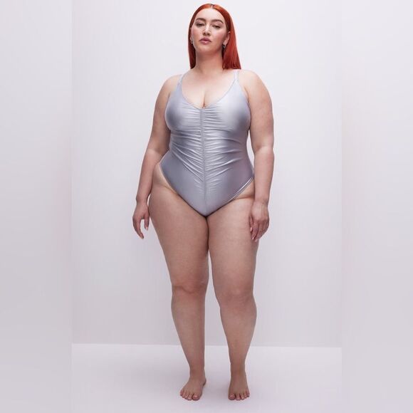 GOOD AMERICAN Silver Satin One Piece‎ Swimsuit Always Ruched Size 7 4X 4XL New - Picture 13 of 13